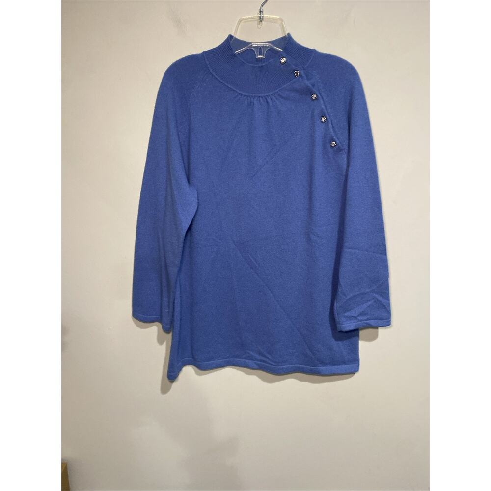 Talbots Cashmere Sweater Mock Neck Periwinkle Blue Rhinestone Buttons Sz Med